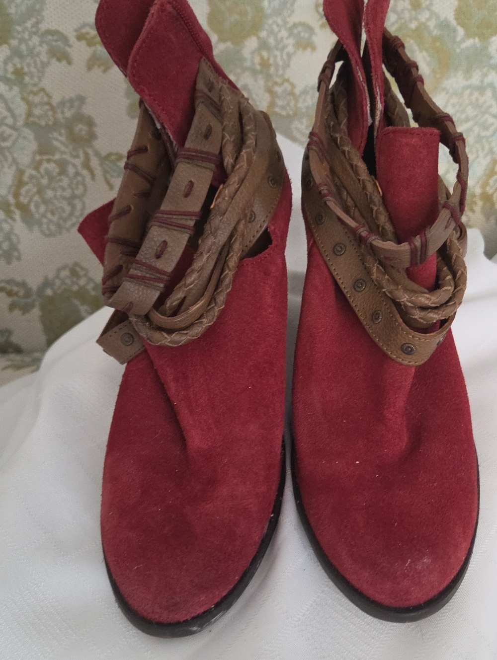 Naughty Monkey Women’s Red Suede Ankle Boots with Brown Strap Detail
